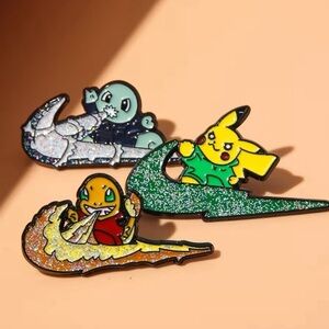Pokemon Glittery Charmander Pikachu & Squirtle Frozen Swoosh Enamel Pin Brooch